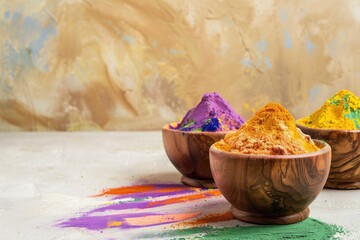 Gulag colours in bowl for Holi festival, Hindu tradition festive. Happy holi indian festival dahan banner concept.