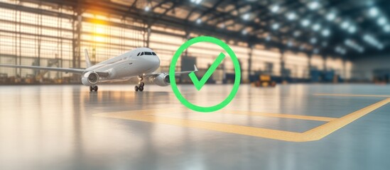 Commercial airliner ready for flight with approval checkmark in the hangar