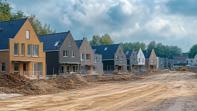 Construction Site of a New Dutch Suburban Neighborhood Featuring Newly Built Modern Prefabricated Family Homes in the Netherlands &ndash; Generative AI