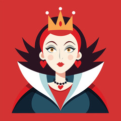 Alice in Wonderland Queen of Hearts clipart. The image shows a stylized depiction of the Queen of Hearts with a crown and a high collar. Vector illustration design.