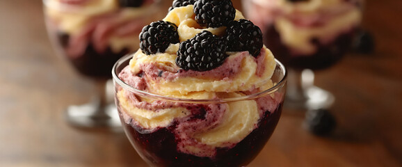 Fototapeta premium blackberry and lemon curd fool in a wine glass,