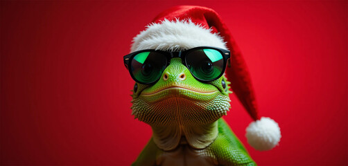 Cool Christmas Lizard  Festive Reptile in Sunglasses and Santa Hat