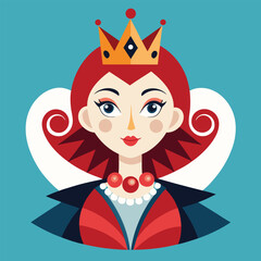 Alice in Wonderland Queen of Hearts clipart. The image shows a stylized depiction of the Queen of Hearts with a crown and a high collar. Vector illustration design.