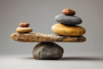 Ausgewogene Steinkonstruktion auf Holzstück als Symbol für Balance und Harmonie
