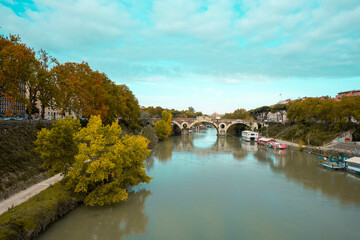 Fototapeta premium The Tiber is the third-longest river in Italy and the longest in Central Italy, rising in the Apennine Mountains in Emilia-Romagna and flowing 406 km through Tuscany, Umbria, and Lazio, where it is jo