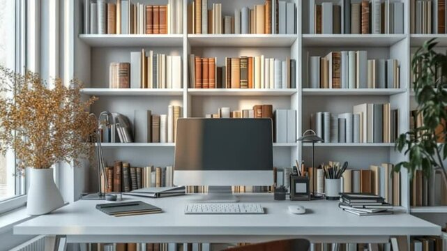Virtual Team Meeting in a Home Office and Library Study, Featuring a Computer Desk, Bookshelves, and a White Bookcase – Ideal for Video Calls