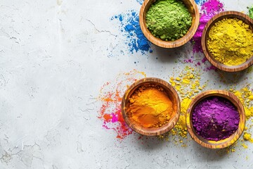 Gulag colours in bowl for Holi festival, Hindu tradition festive. Happy holi indian festival dahan banner concept.