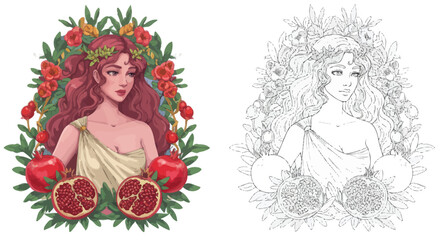 Mythological Beauty: A captivating portrait of a goddess, intertwined with floral elements, embodies beauty, grace, and the essence of mythology.