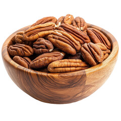 Fototapeta premium Freshly shelled pecans in a wooden bowl on a clean Transparent background for cooking and snacking, Pecans in wood bowl on PNG background