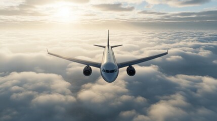 Passenger jet in mid-flight, cruising through a calm, open sky filled with gentle white clouds and soft sunlight 
