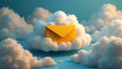 Cloud mail concept: Yellow envelope resting on a fluffy white cloud with a soft blue sky backdrop.