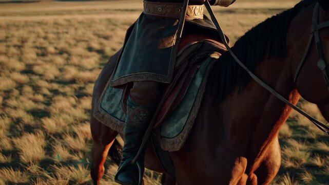 Mongol warrior riding horse in steppe at sunset
