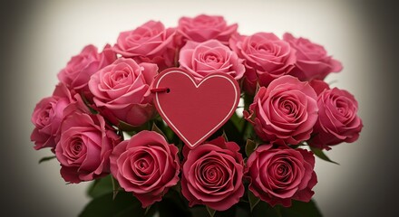 Bouquet of Pink Roses with Heart Shaped Tag for Romance or Gift