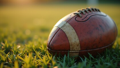 Obraz premium Rustic Leather American Football on Lush Grass - Golden Hour Sports Equipment Close-Up