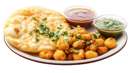 plate of indian food. consisting of a soft. round naan bread topped with chopped cilantro. accompanied by small. fried potato balls and two dipping sauces?one brown and one green this dish is often en
