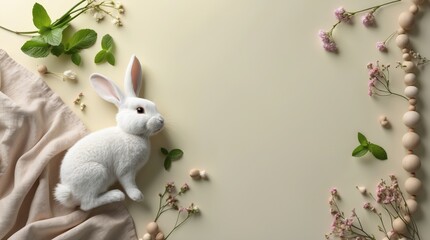 White Rabbit with Pink Flowers on Cream Canvas