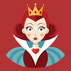 Alice in Wonderland Queen of Hearts clipart. The image shows a stylized depiction of the Queen of Hearts with a crown and a high collar. Vector illustration design.