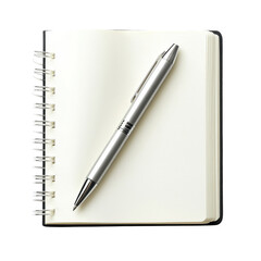 Notebook with silver pen rests open on Transparent background ready for creative writing or sketching ideas, Notebook opened with silver pen isolated on PNG background