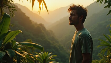 Man in nature, facing mountains during sunset, contemplating life surrounded by lush green plants, and enjoying the solitude of th
