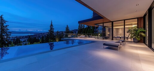 Modern home with infinity pool at sunset luxury patio view residential real estate