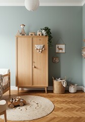 Nursery Room Interior with Wooden Wardrobe and Natural Decor