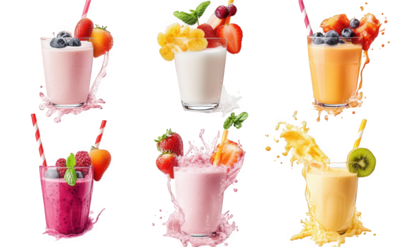 a vibrant assortment of smoothies in clear glasses. each topped with fresh fruits and mint leaves. with splashes of liquid emphasizing their freshness and appeal the colorful drinks include flavors li