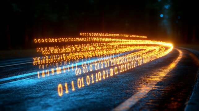 Digital Highway: A mesmerizing digital highway stretches into the night, with glowing binary code streaking across the asphalt, symbolizing the rapid flow of data and technological advancements.