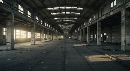 Spacious Abandoned Industrial Building Interior with Natural Light