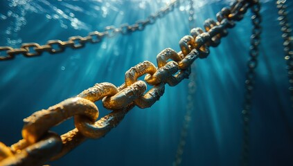 Underwater rusty chains with sun rays.