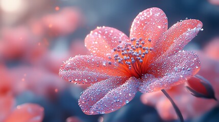 Close-up of a vibrant pink flower covered in dew, surrounded by a dreamy garden backdrop