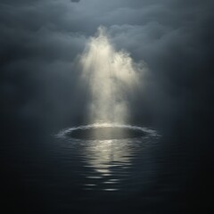 Fototapeta premium Ethereal light piercing through dark clouds illuminates tranquil water surface creating a serene and mysterious atmosphere evoking a sense of hope and wonder in nature