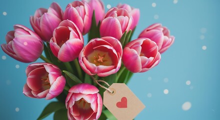 Pink Tulips with Tag Against Blue Background for Gift or Decoration