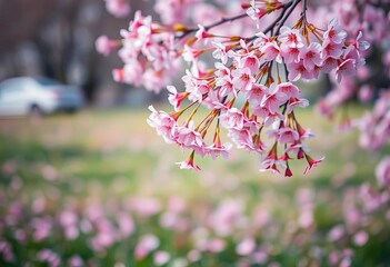 Naklejka premium Soft pink cherry blossoms gently falling on a blurred spring meadow background, nature, bloom
