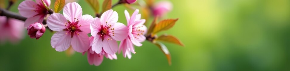 Fototapeta premium Soft pink cherry blossoms on branch against blurred green background, petal, branch, blossoms
