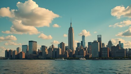 Fototapeta premium Metropolitan cityscape against a serene sky and tranquil water with towering buildings in warm light