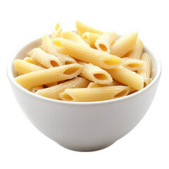 a bowl filled with uncooked penne pasta. showcasing its tubular shape and ridged surface the pasta is lightly dusted with flour. emphasizing its raw state. and is presented in a simple white bowl agai