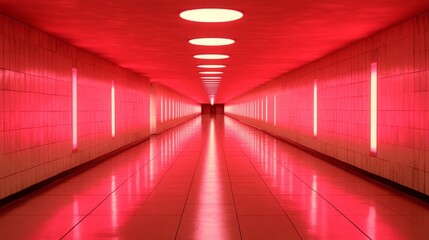 A Tunnel of Crimson Light: A symmetrical corridor is bathed in the vibrant glow of red illumination, creating a stunning visual perspective of light and shadow.