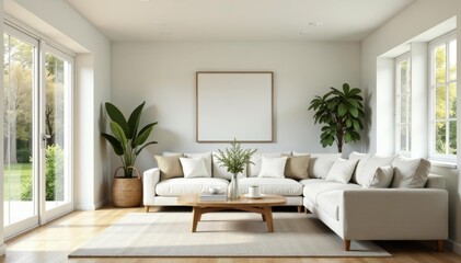 Spacious and airy farmhouse living room with neutral color palette and cozy furniture, design, neutral, modern