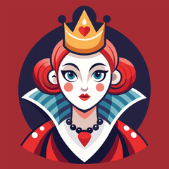 Alice in Wonderland Queen of Hearts clipart. The image shows a stylized depiction of the Queen of Hearts with a crown and a high collar. Vector illustration design.