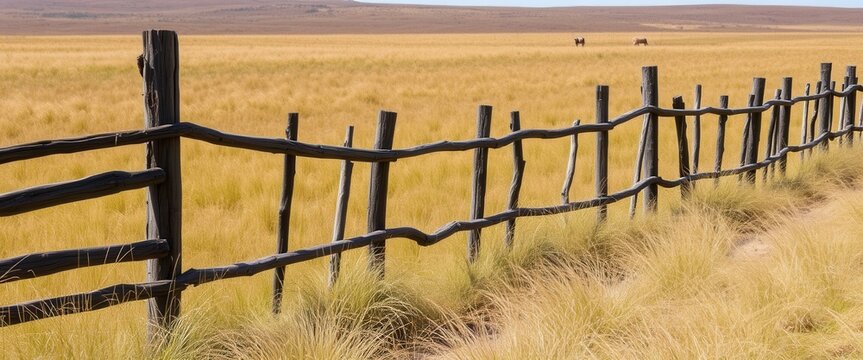 Rustic Wooden Fence in a Golden Grass Field with Distant Animals A picturesque rural landscape