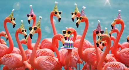 Flamingo Celebration with Sunglasses and Birthday Cake