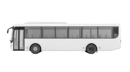 side view of a modern. white public bus designed for passenger transport the bus has large windows. a streamlined shape. and is suitable for urban or suburban travel. emphasizing functionality and eff