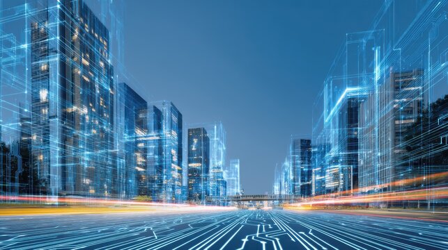 A dynamic and modern cityscape with towering skyscrapers glowing lights and blurred traffic showcasing the fast paced energy and progress of an urban business and financial district