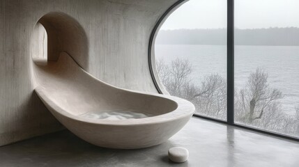 Serene Bathtub with a View: An eye-level shot, where modern bathtub and the outside view coexist. This stunning bathroom featuring an uniquely shaped.