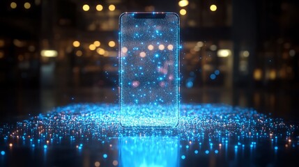 Futuristic Smartphone:  A glowing, transparent smartphone floats amidst a sea of sparkling digital particles, embodying the future of technology and the essence of digital connection and advancement.