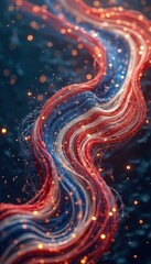 Abstract patriotic ribbon art with shimmering glitter and star accents, waving in a dynamic, elegant motion against a dark background.