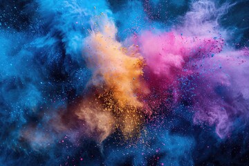 Obraz premium bright multicolor rainbow holi paint powder explosion on black background Aerial