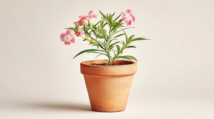 Blooming Pink Dianthus in Terracotta Pot  Spring Flowers  Minimalist Home Decor