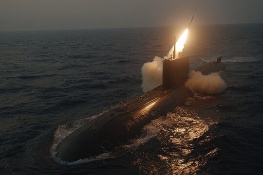 Nuclear war. Launch of a nuclear ballistic intercontinental missile from submarine. The submarine propels its nuclear weapon upward, marking a critical moment in human conflict.