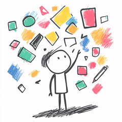 Stick figure contemplating colorful shapes and patterns in a creative illustration, trying to make a decision.